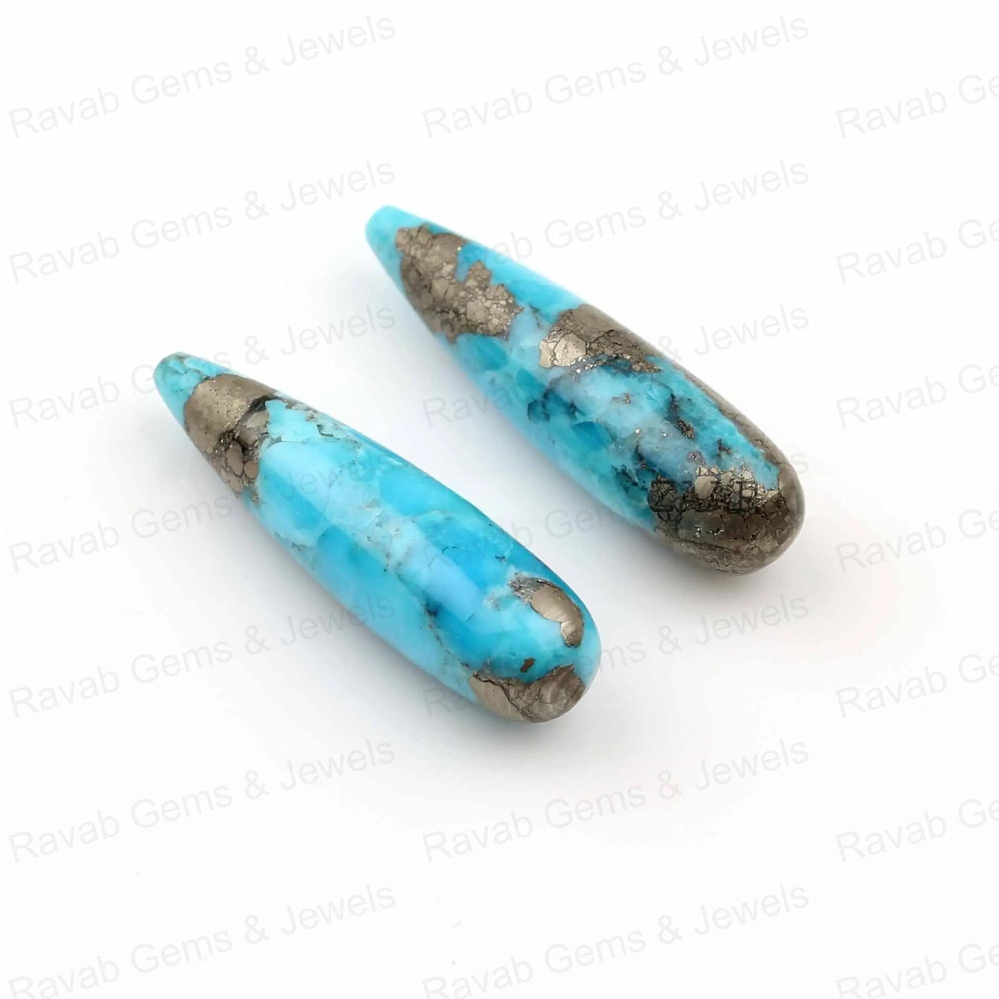 9x30mm Pyrite Turquoise Drop Smooth Gemstone, Loose Beads Calibrated Earring Pair Stone, Long Teardrop Best Quality Stones - 2 Pcs Set