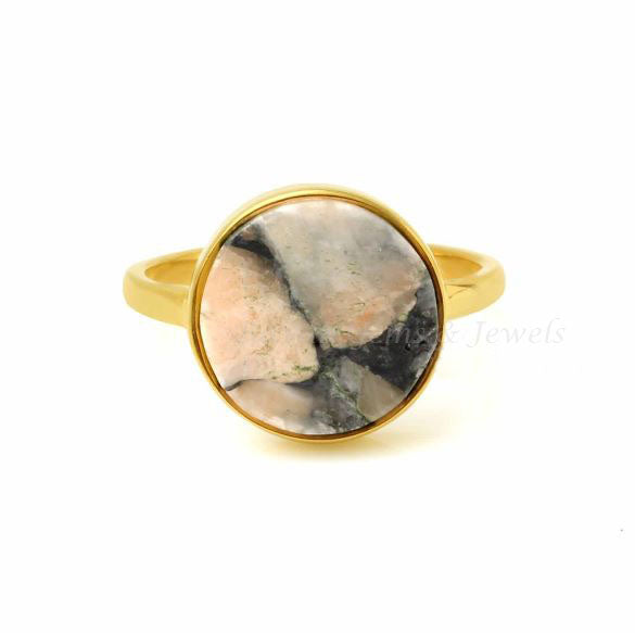 White Calcite Round Gemstone Ring, 925 Sterling Silver Gold Plated Ring, 12mm Handmade Stone Jewelry Ring, Statement Ring For Gifted