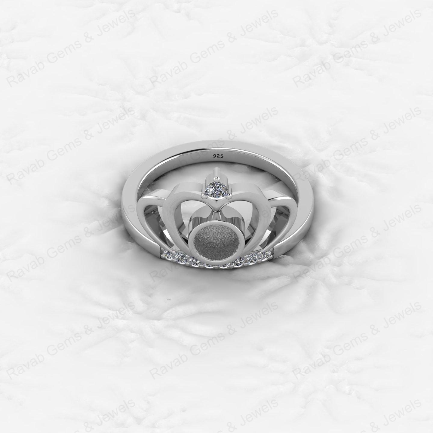 High Quality 925 Silver Princess Crown 6mm Round CZ Semi Mount Blank Bezel Breastmilk Keepsake Resin Ashes Ring Setting Jewelry
