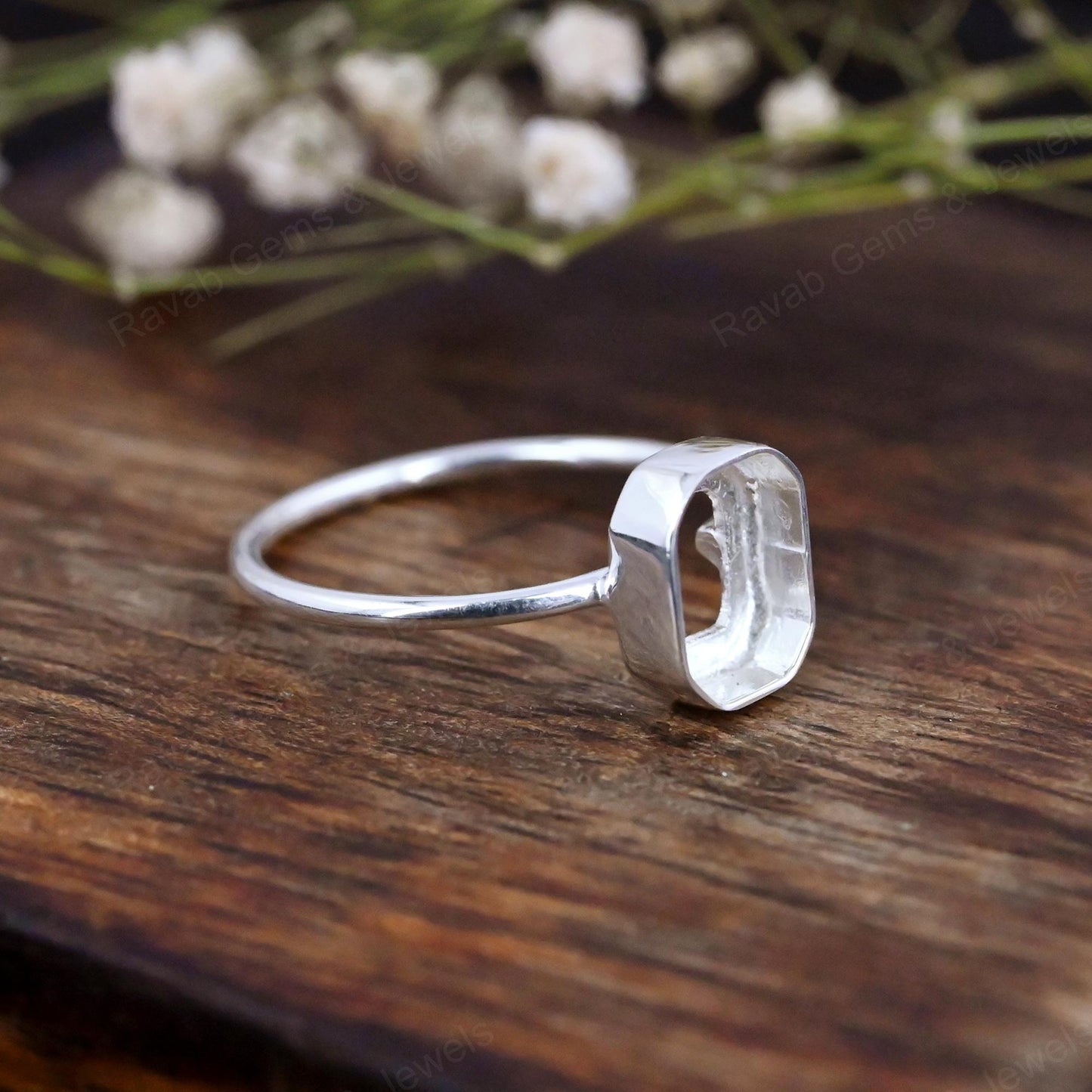 Genuine Solid 925 Sterling Silver Octagon Shape 8x10mm Bezel Setting Semi-Mount Blank Setting Simple Band Fine Ring For Women