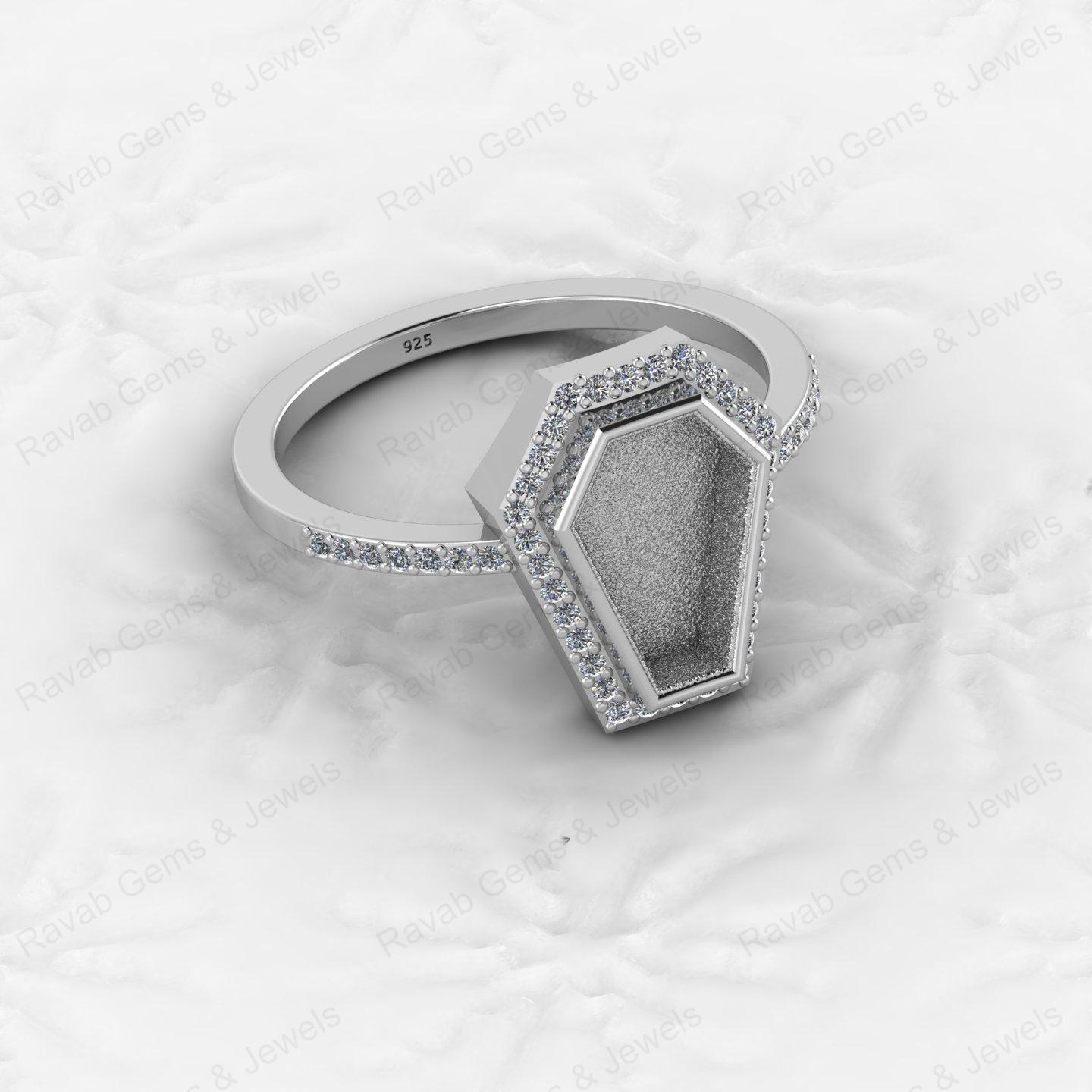 Custom Design 925 Sterling Silver Coffin Shape CZ Semi Mount Blank Setting Ring for Gemstone Findings Without Stone Jewelry