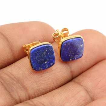 Wholesale 925 Sterling Silver Natural Lapis Lazuli Fine Stud Earrings Handmade 18K Gold Plated Gemstone Jewelry Unisex Parties
