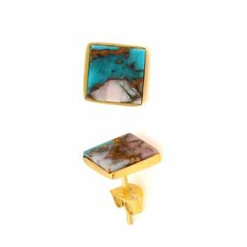 Top Selling Mohave Pink Opal Copper Turquoise Gemstone Jewelry High Polished Gold Plated Sterling Silver Stud Earrings for Girls