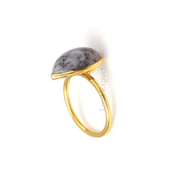 Natural Pear Cut Dendritic Opal Gemstone Handmade Ring Latest Design Wholesale Sterling Silver Gold Plated Stacking Ring Fine