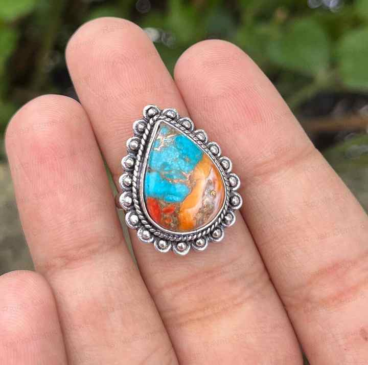 Best Quality Solid 925 Sterling Silver Kingman Pink Dahlia Turquoise Ring Pear 10x14mm Bezel Setting Handmade Ring for Women