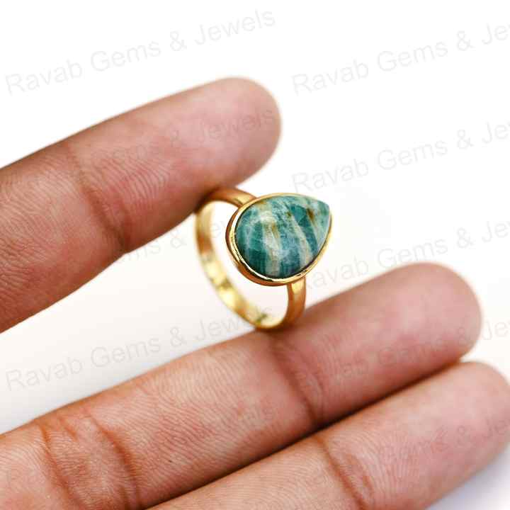 Top Quality Solid 925 Sterling Silver Natural Amazonite Smooth Cabochon 10x14mm Bezel Setting 18k Gold Filled Ring for Women