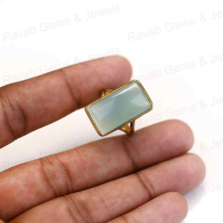 Best Selling 10x20mm Blue Chalcedony Stone 925 Silver Gold Vermeil Eternity Handmade Rectangle Bezel Women's Ring Fine Jewelry