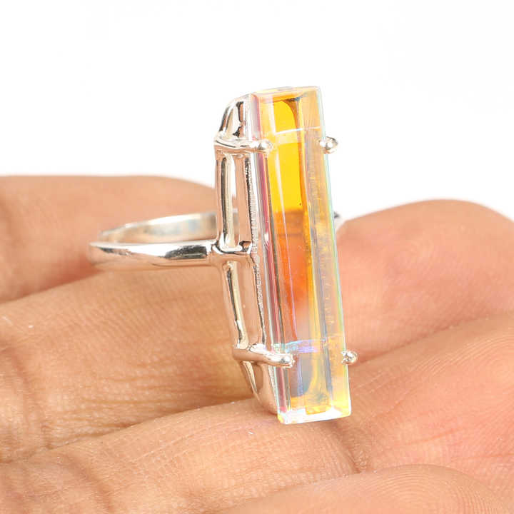 Premium Quality Beautiful Rainbow Mystic Quartz Gemstone Prong Setting Sterling Silver Rectangle Baguette Handmade Jewelry
