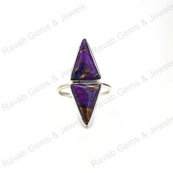 Best Quality Solid 925 Sterling Silver Purple Copper Turquoise Tringle Shape Bezel Setting Ring for Women Fine Handmade Jewelry