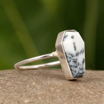 High Quality Natural Dendrite Opal Gemstone Coffin Shape 10x17mm Solid 925 Sterling Silver Fine Women's Handmade Ring Suppliers