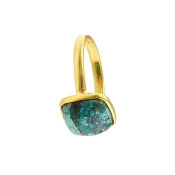 Solid 925 Sterling Silver Cushion Shape Ring 18K Gold Plated with Natural Chrysocolla Copper 12mm Bezel Setting for Women