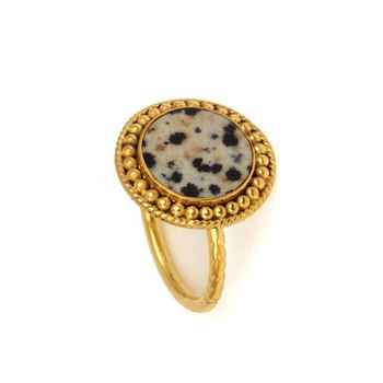 Top Selling 18K Gold Plated 925 Sterling Silver Boho Designer Ring for Women 12mm Natural Dalmatian Jasper Gemstone Bezel Ring