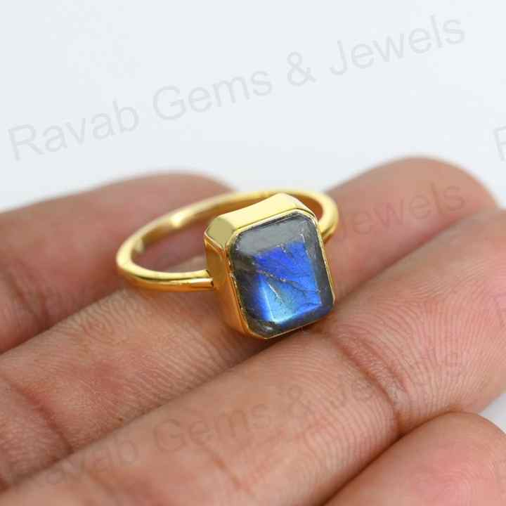Beautiful Handmade 925 Silver 8x10mm Octagon Shape Natural Labradorite Stone Gold Vermeil Eternity Fine Jewelry Ring for Women