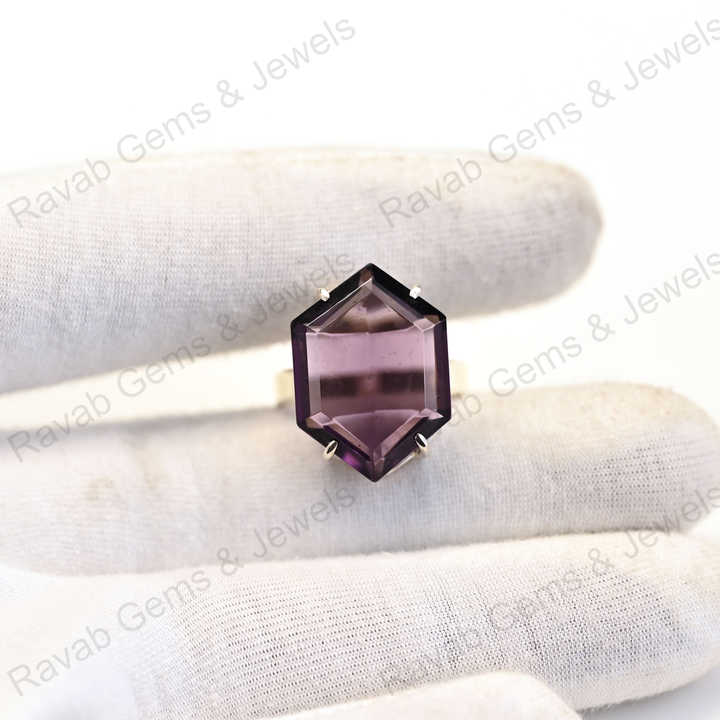 Superb Quality Solid 925 Sterling Silver 10x14mm Amethyst Quartz Hydro Hexagon Cut Gemstone Ring for Women Handmade Jewelry