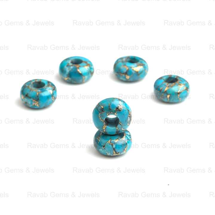 14x8mm Natural Polished Blue Copper Turquoise Rondelle Shape Smooth Big Hole Size Calibrated Gemstone Beads for Making Jewelry