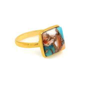 Best Selling 12mm Square Mohave Spiny Oyster Copper Turquoise 18K Gold Plated Fine Sterling Silver Dainty Boho Ring for Gift