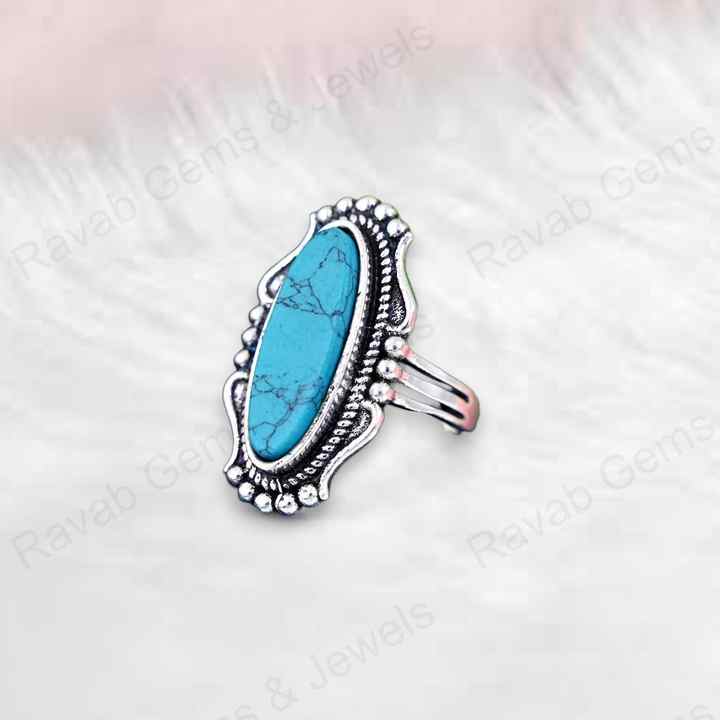 Solid 925 Sterling Silver Blue Tibetan Texture Turquoise Long Oval 10x30mm Handmade Ring for Women Fine Handmade Jewelry