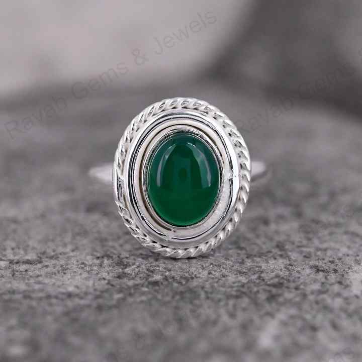 Natural Green Onyx Gemstone 8x10mm Solid 925 Sterling Silver Two Tone Bezel Setting Ring For Women Fine Handmade Jewelry