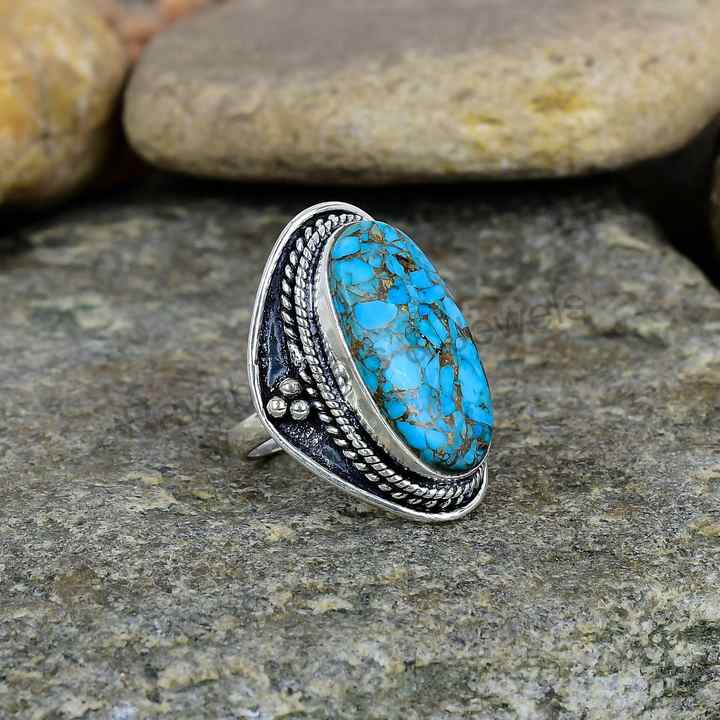Premium Quality Solid 925 Sterling Silver Natural Blue Copper Turquoise Vintage Navajo Oxidized Fine Handmade Ring for Women