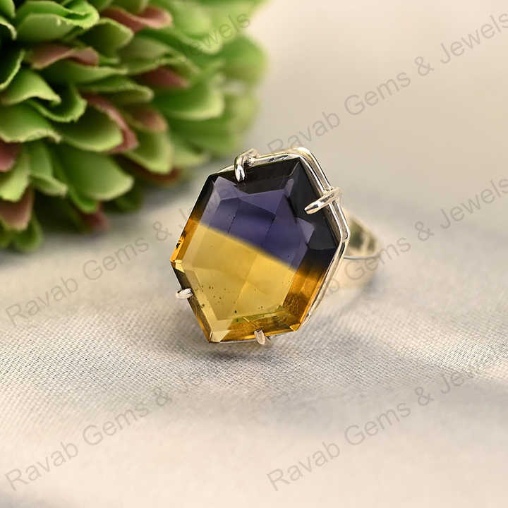 New Arrival Solid 925 Sterling Silver Ametrine Quartz Bio Color Hexagon Prong Setting Ring for Women Fine Handmade Jewelry
