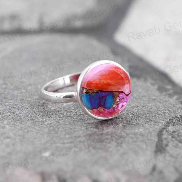 Best Selling 12mm Mohave Mix Oyster Copper Turquoise Gemstone 925 Silver Handmade Round Shape Bezel Ring Fine Jewelry For Women