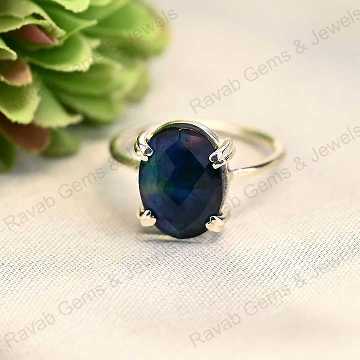 Solid 925 Sterling Silver Manmade Abalone Quartz Doublets Oval Checker Cut Prong Setting Ring for Women Handmade Jewelry