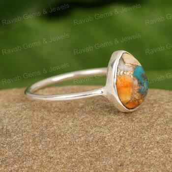 Top Selling 10x12mm Navajo Mohave Spiny Oyster Turquoise Gemstone 925 Silver Bezel Pear Statement Women Ring Fine Native Jewelry