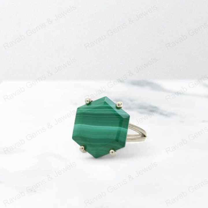 Top Selling 925 Silver Natural 14mm Malachite Hexagon Cut Stone Gold Vermeil Eternity Wedding Band Ring Fine Jewelry for Women
