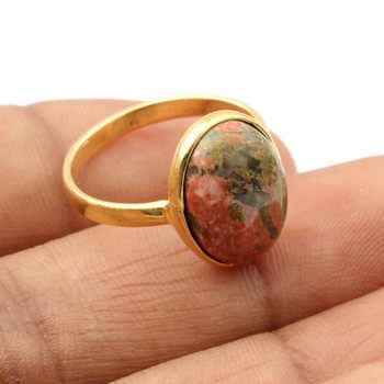 Top Quality 10x14mm Natural Unakite Gemstone Bezel Setting Wholesale Genuine Sterling Silver Gold Plated Oval Shape Ring for Her