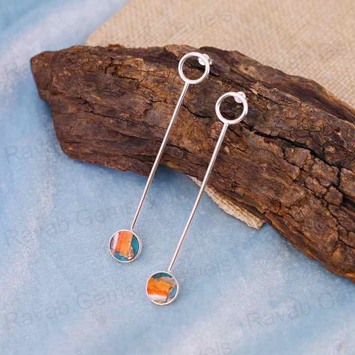 Beautiful Handmade 925 Silver 10mm Coin Mohave Spiny Oyster Copper Turquoise Stone Long Dangle Fine Jewelry Earrings for Women