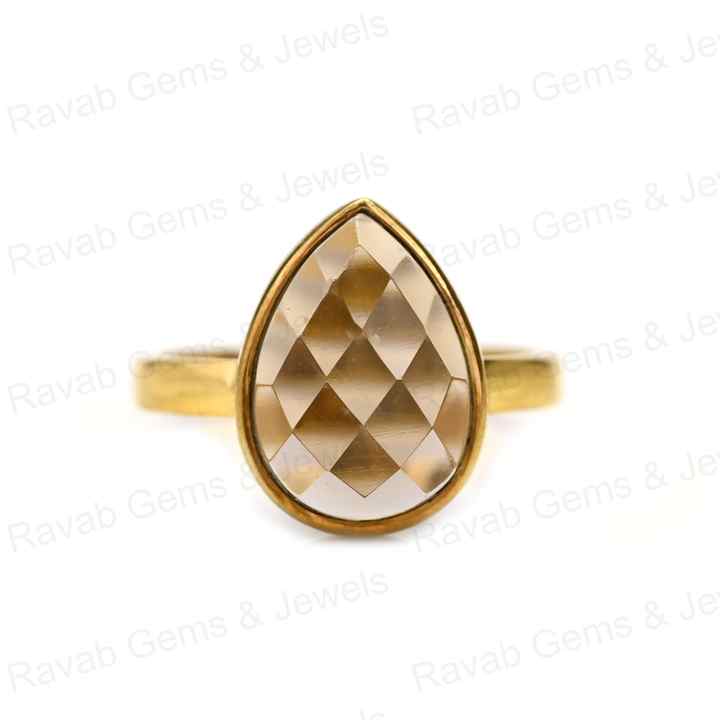 Top Quality Solid 925 Sterling Silver Natural Smoky Quartz Pear Checker Cut 10x14mm Bezel Setting 18k Gold Filled Ring for Women