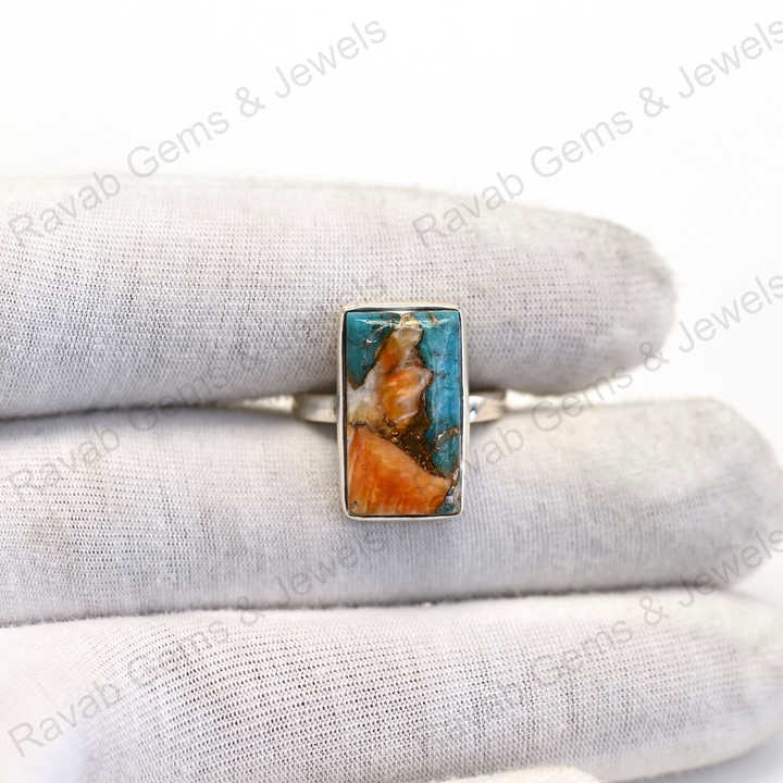 Superb Quality Solid 925 Sterling Silver Mix Oyster Turquoise Rectangle Shape Bezel Setting Ring for Women Fine Handmade Jewelry