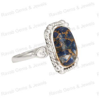 Super Quality Vintage Style Boho Women's Ring 10x14mm Octa Cushion Shape Natural Lapis Lazuli Copper 925 Sterling Silver Fine