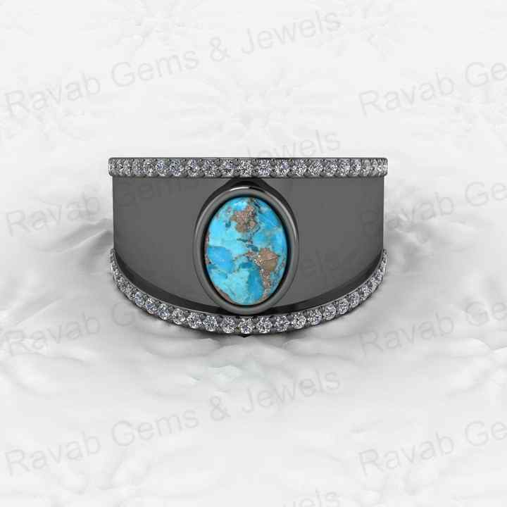 Top Selling Boho Style Women's Fine Ring Handmade 925 Silver Vermeil Natural Pyrite Turquoise Gemstone Cabochon CZ Eternity Oval