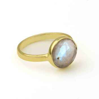 Unisex 18K Gold Plated High Quality 925 Solid Sterling Silver 12mm Labradorite Checker Cut Bezel Setting Ring Fine Jewelry