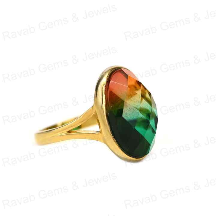 New Arrival Bio Color Tourmaline 925 Sterling Silver & 18K Gold Plated Ring 10x14mm Oval Shape Bezel Setting for Women