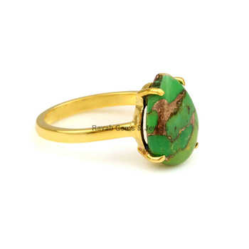 Unisex 10x14mm Natural Mohave Green Copper Turquoise Stone Band Ring Stylish 18K Gold Plated Sterling Silver Jewelry
