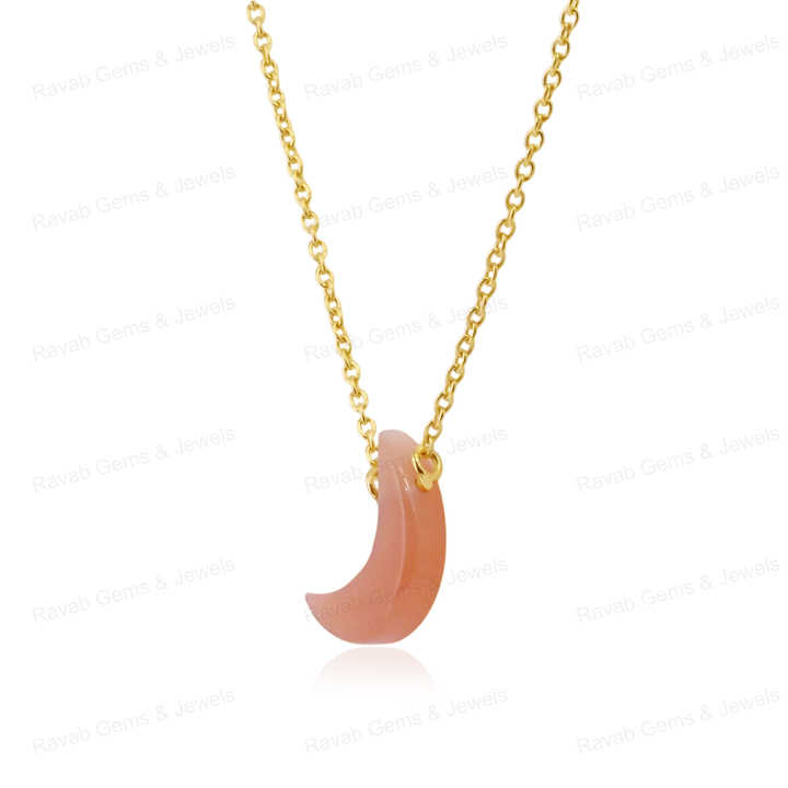 Top Trending 925 Silver Fine Jewelry Natural Crystal Peach Moonstone Floating Crescent Moon Shape Pendant Necklace for Women