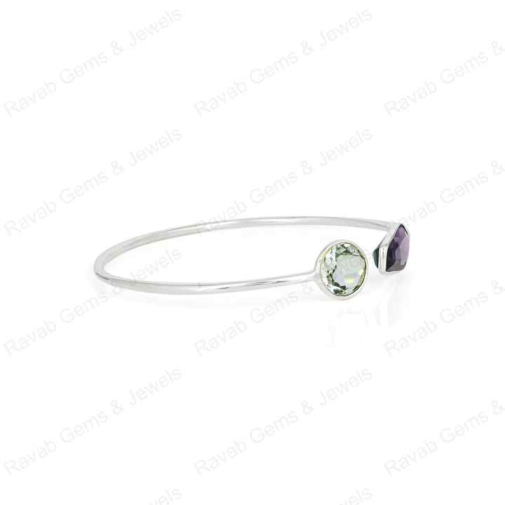 Superb Genuine 925 Sterling Silver Amethyst Coffin & Round Shape Bezel Setting Minimalist Adjustable Bangle Bracelet For Women
