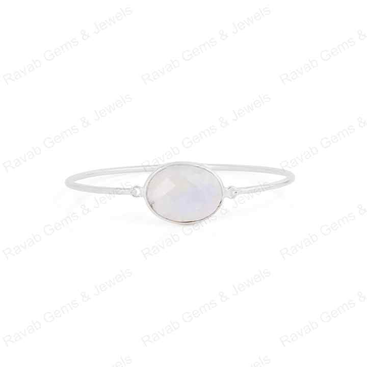 Genuine 925 Sterling Silver Natural Rainbow Moonstone Checker Cut 10x14mm Bezel Setting Front Open Lock Fine Bangle Bracelet