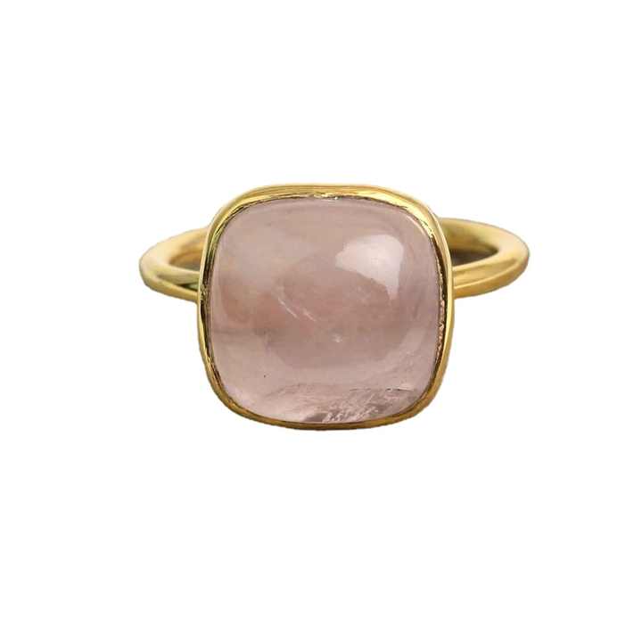 High Quality 18K Gold Plated Sterling Silver Simple Cushion Ring Women 12mm Natural Pink Rose Quartz Stone Elegant 18K Gold Ring