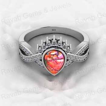 Women's High Quality 18K Gold Plated 925 Silver Crown Ring 6x8mm Pink Spiny Oyster Pear Gemstone with Twisted CZ Fine Jewelry