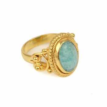 Hot Selling 10x14mm Amazonite Gemstone Bezel Ring for Women 18K Gold Plated Sterling Silver Bohemian Style Oval Shape Design