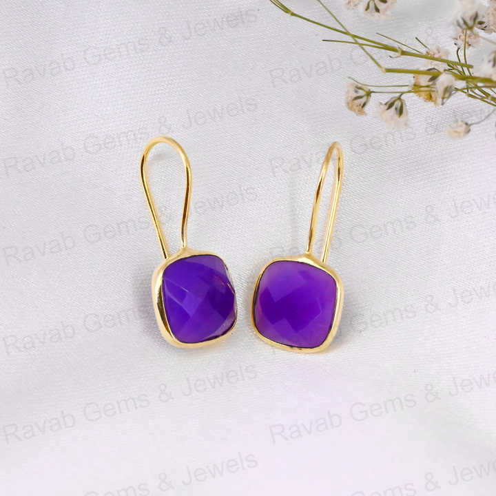 Beautiful Handmade 12mm Cushion Checker Cut Purple Chalcedony Stone 925 Silver 18k Gold Dangle Drop Women Earring Fine Jewelry
