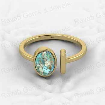 Top Selling 925 Sterling Silver Natural Chrysocolla Turquoise Gemstone Bezel Setting Adjustable Cocktail Open Ring Jewelry