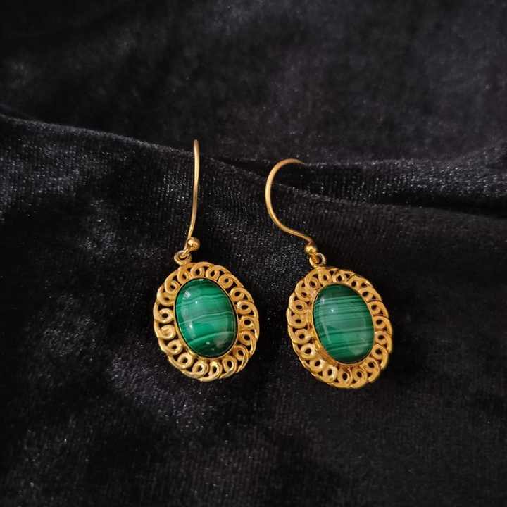 Top Quality Genuine Green Malachite 10x14mm Oval Shape Bezel Setting Solid 925 Sterling Silver 14k Gold Plated Dangle Earring
