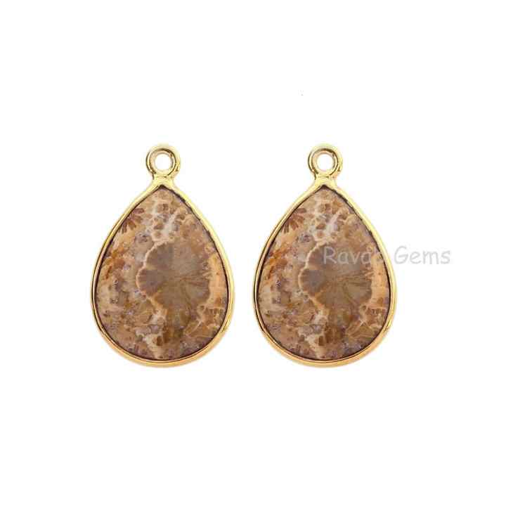 Solid 925 Sterling Silver 18K Gold Plated Agatized Coral Pendant Pear Drop Dangle Bezel Setting Fine Pendants Charms 12x16mm