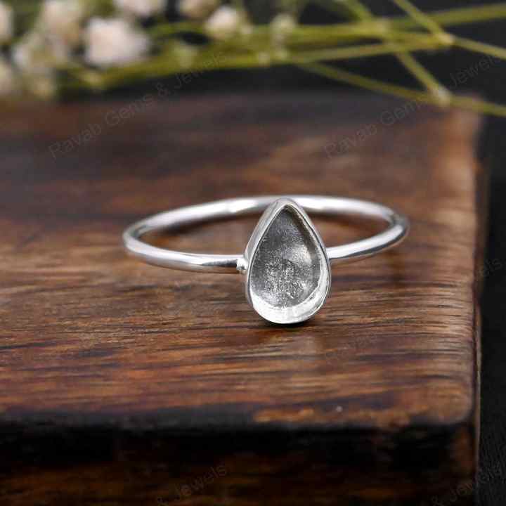 Genuine 925 Sterling Silver 7x9mm Pear Bezel Setting Simple Band Minimalist Ring Good For Resin & Ashes Work Keepsake Jewelry
