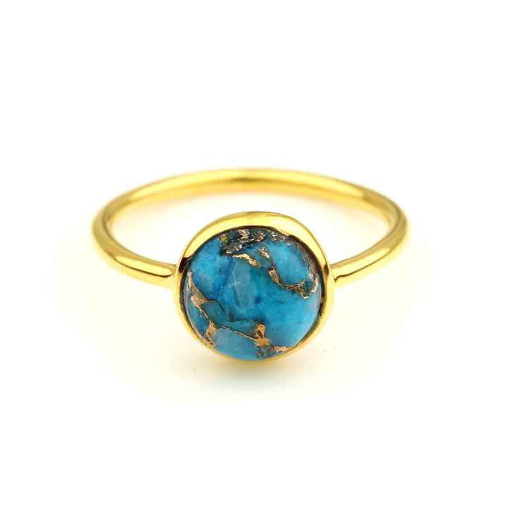 Beautiful 12mm Mohave Blue Copper Turquoise Round Cabochon Bezel Handmade 925 Silver Vermeil Eternity Ring Fine Jewelry For Her
