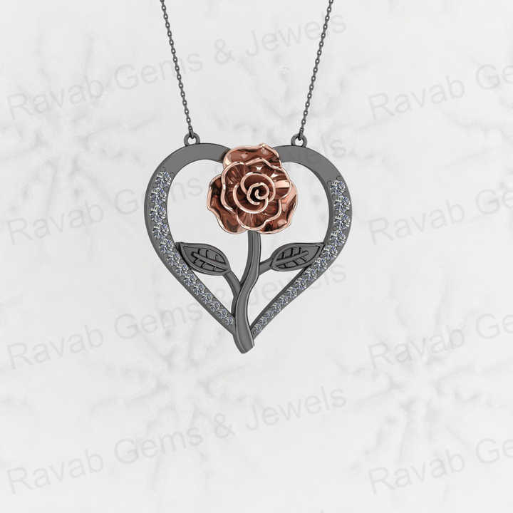 Beautiful 925 Silver 30mm Rose Leaf Flower in Heart CZ Valentines Day Dainty Pendant Necklace Personalized Love Keepsake Jewelry